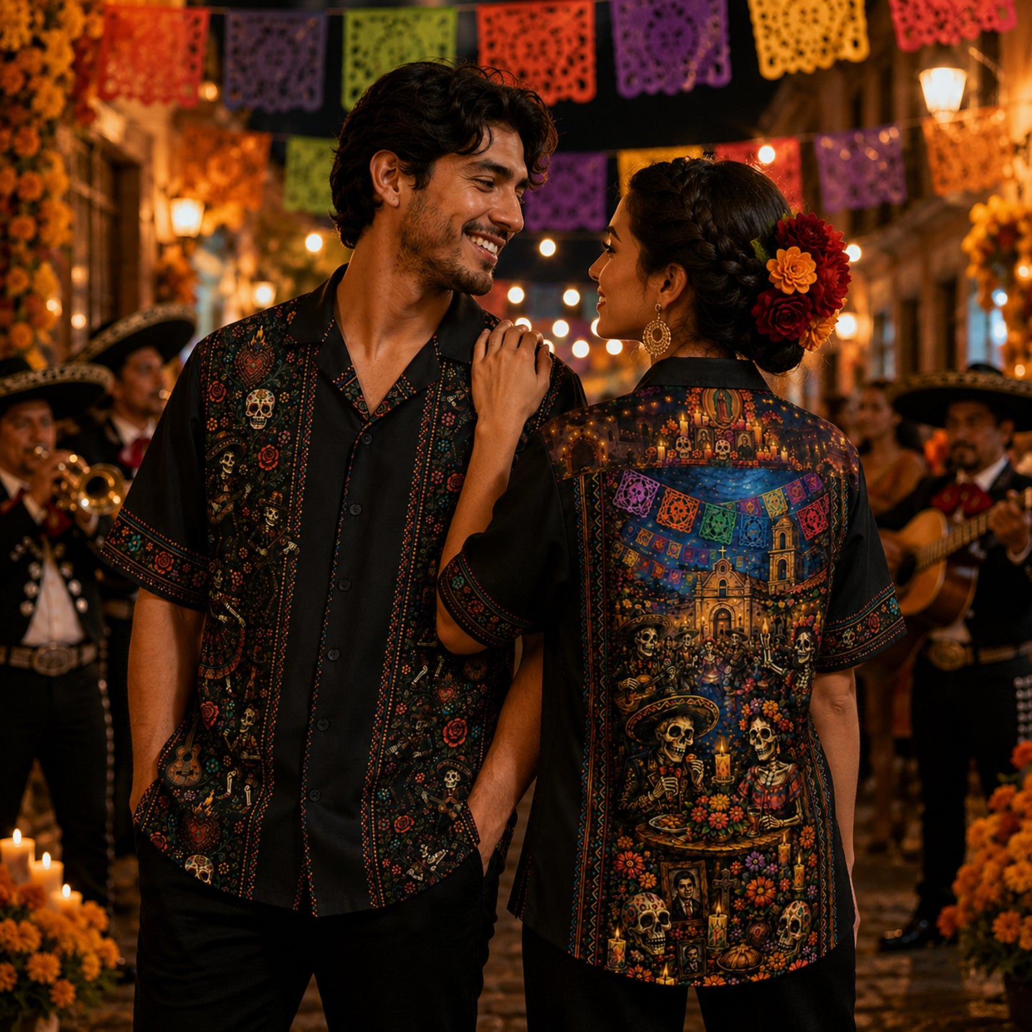 HW-715-Mexican Day Of The Dead Skull Hawaiian Shirt Vibrant Floral Skeleton Festival Button Up