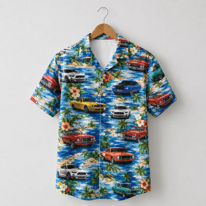 HW-716-Classic Muscle Car Hawaiian Shirt with Tropical Island, Palm Tree and Vintage Car Print for Beach Vacation and Summer Style