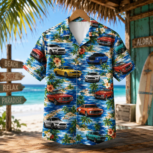 HW-716-Classic Muscle Car Hawaiian Shirt with Tropical Island, Palm Tree and Vintage Car Print for Beach Vacation and Summer Style