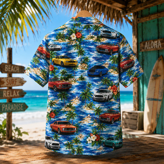 HW-716-Classic Muscle Car Hawaiian Shirt with Tropical Island, Palm Tree and Vintage Car Print for Beach Vacation and Summer Style