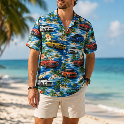 HW-716-Classic Muscle Car Hawaiian Shirt with Tropical Island, Palm Tree and Vintage Car Print for Beach Vacation and Summer Style