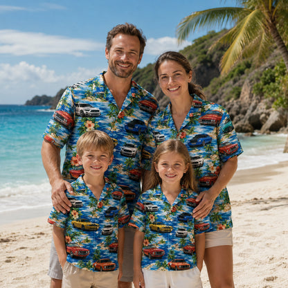 HW-716-Classic Muscle Car Hawaiian Shirt with Tropical Island, Palm Tree and Vintage Car Print for Beach Vacation and Summer Style