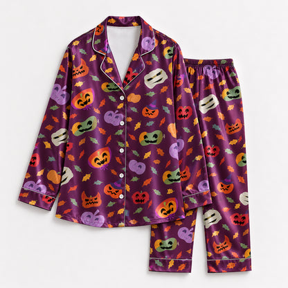 PJ-717-Halloween Moonlight Satin Pajama Set with Mystical Holiday Pattern