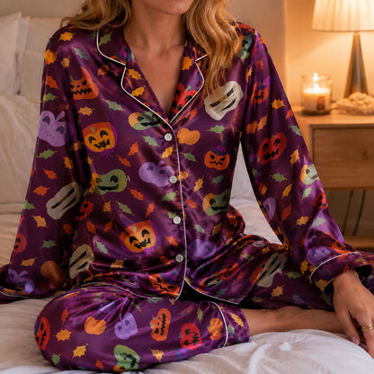 PJ-717-Halloween Moonlight Satin Pajama Set with Mystical Holiday Pattern