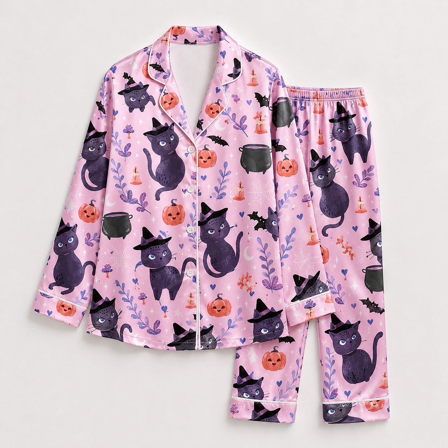 PJ-718-Wickedly Cute Satin Pajama Set with Festive Halloween Inspired Artwork