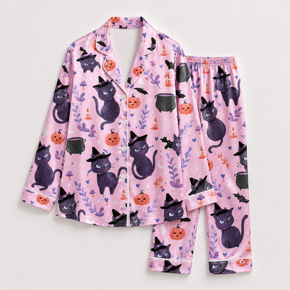 PJ-718-Wickedly Cute Satin Pajama Set with Festive Halloween Inspired Artwork
