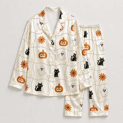 PJ-719-Autumn Halloween Satin Pajama Set with Magical Harvest Season Print