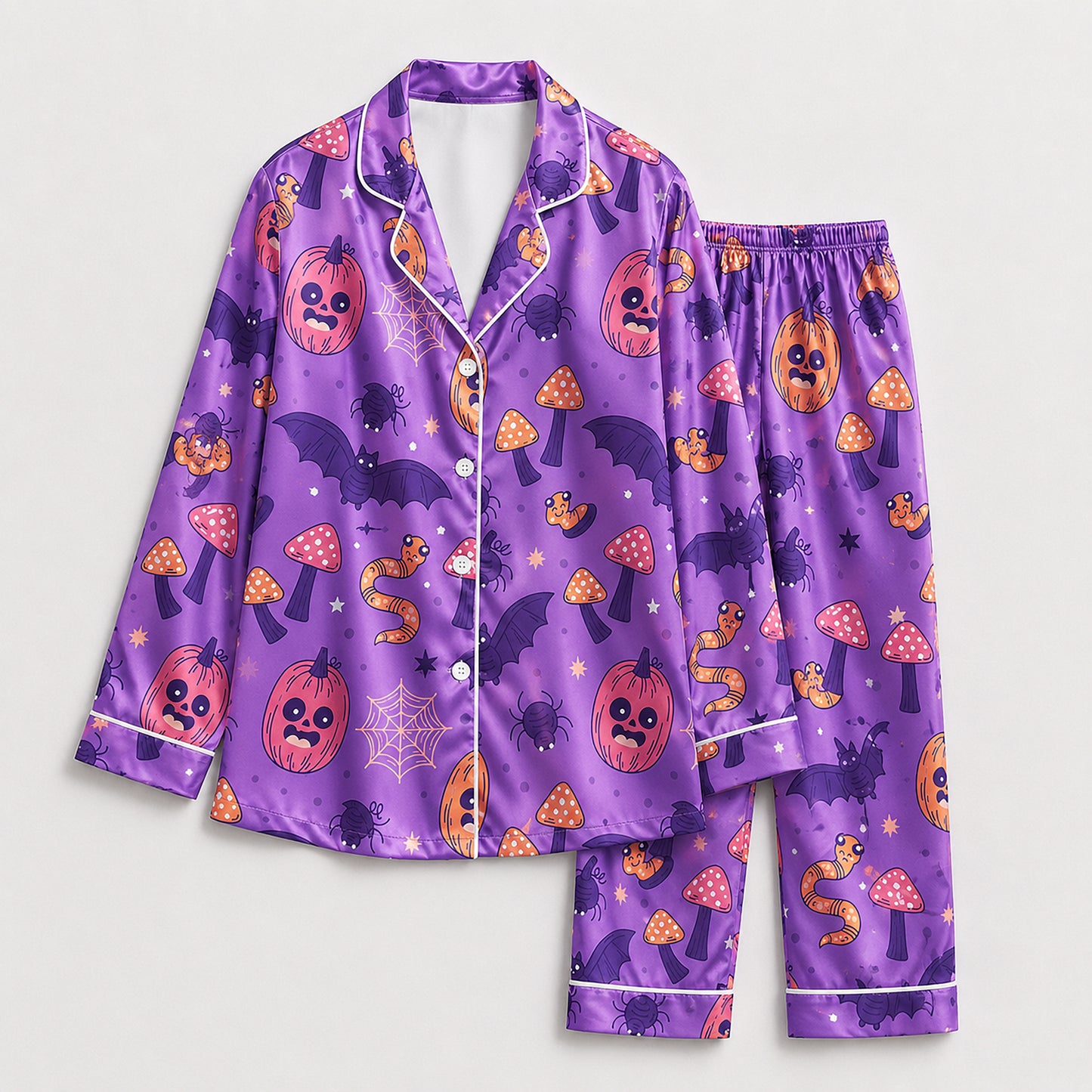 PJ-721-Haunted Night Satin Pajama Set with Classic Halloween Celebration Pattern