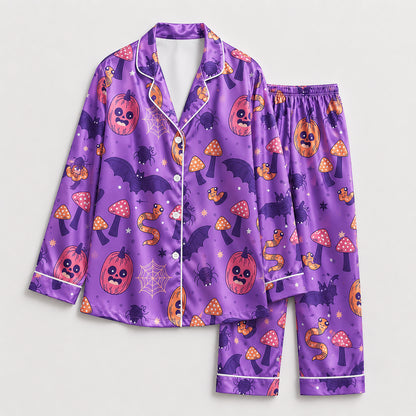 PJ-721-Haunted Night Satin Pajama Set with Classic Halloween Celebration Pattern