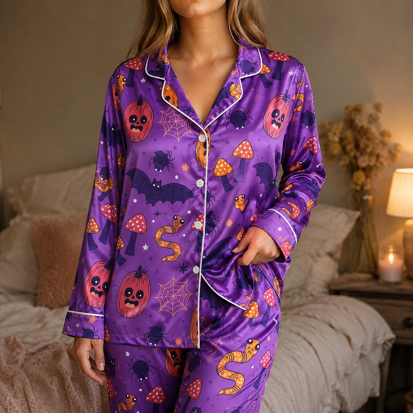 PJ-721-Haunted Night Satin Pajama Set with Classic Halloween Celebration Pattern