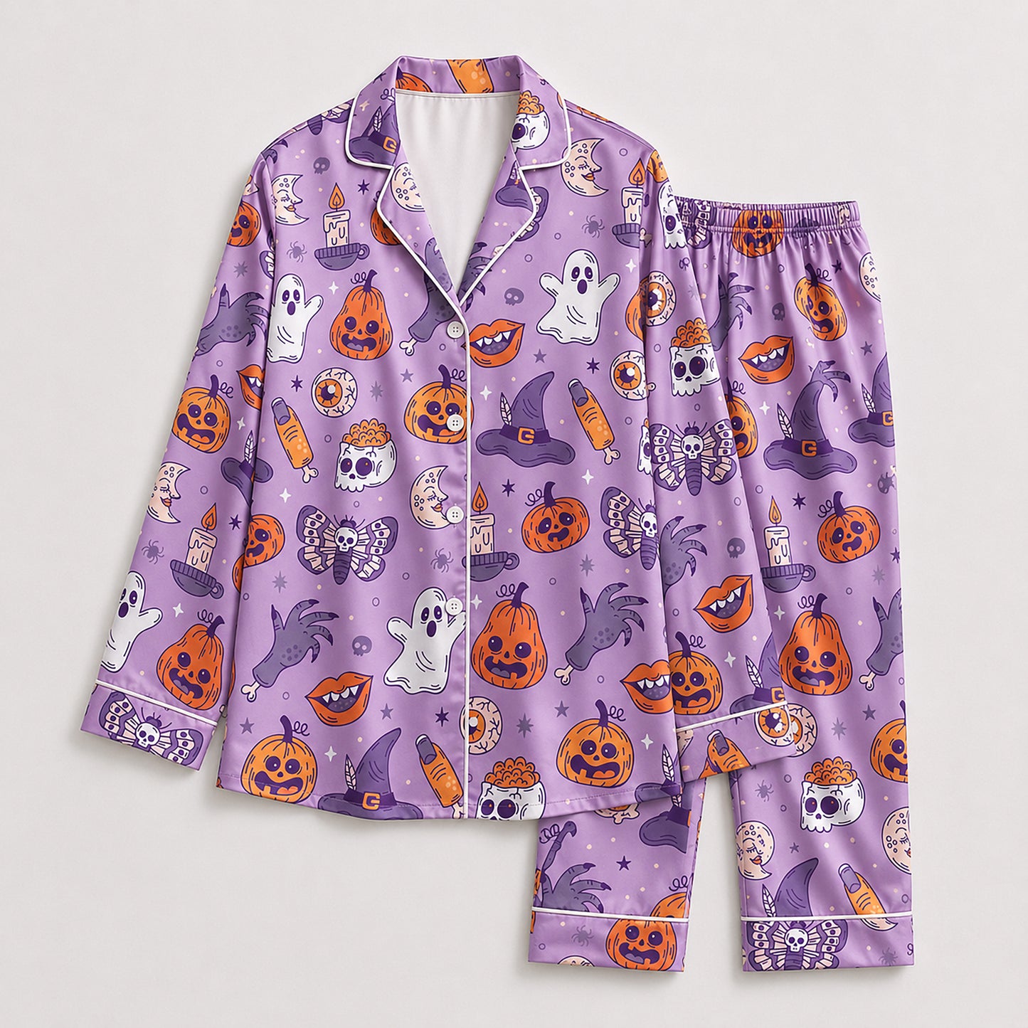 PJ-723-Vintage Halloween Satin Pajama Set with Nostalgic Spooky Holiday Design