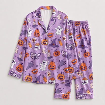 PJ-723-Vintage Halloween Satin Pajama Set with Nostalgic Spooky Holiday Design