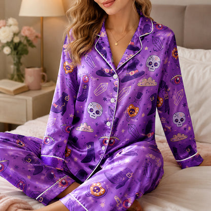 PJ-724-Halloween Dreams Satin Pajama Set with Charming Seasonal All Over Print