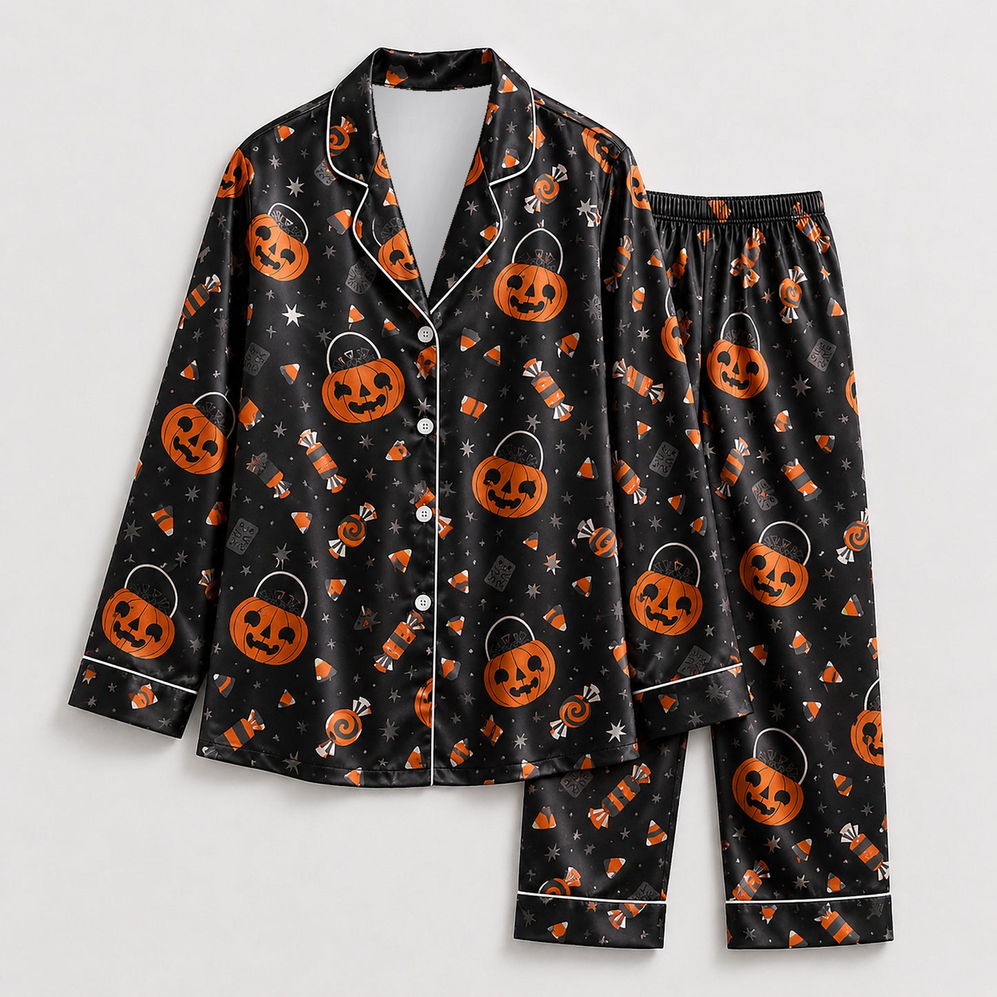 PJ-726-Bewitched Halloween Satin Pajama Set with Enchanting Seasonal Artwork