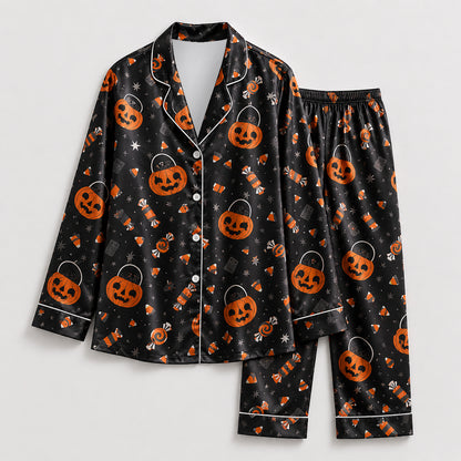 PJ-726-Bewitched Halloween Satin Pajama Set with Enchanting Seasonal Artwork