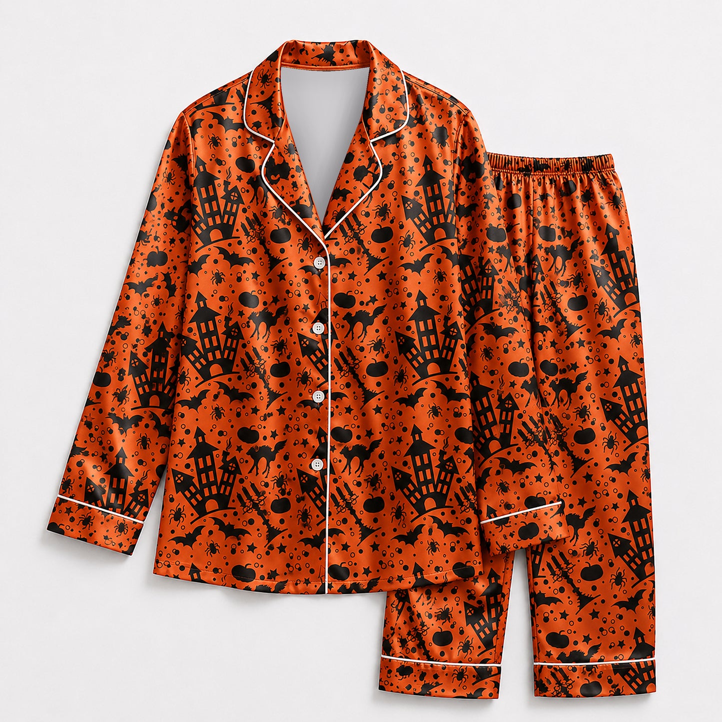 PJ-727-Midnight Magic Satin Pajama Set with Mysterious Halloween Inspired Print