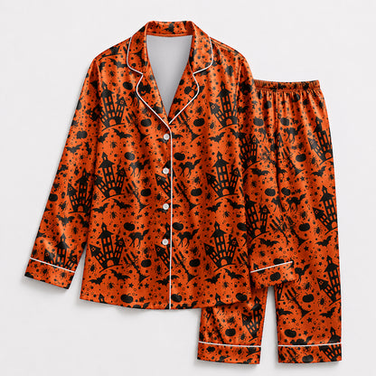 PJ-727-Midnight Magic Satin Pajama Set with Mysterious Halloween Inspired Print
