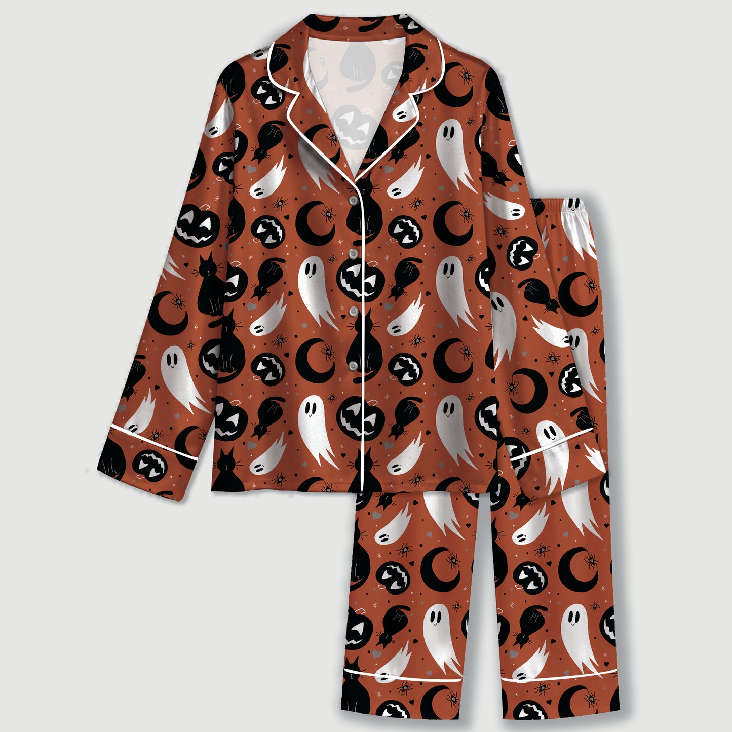 PJ-728-Halloween Carnival Purple And Brown Satin Pajama Set with Whimsical Seasonal Design