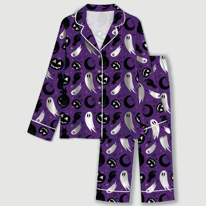PJ-728-Halloween Carnival Purple And Brown Satin Pajama Set with Whimsical Seasonal Design
