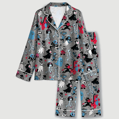 PJ-729-Halloween Duo Satin Pajama Set in Two Colorways with Playful Seasonal Prints for Cozy Spooky Nights