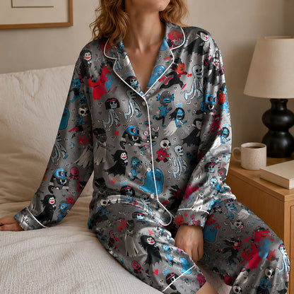 PJ-729-Halloween Duo Satin Pajama Set in Two Colorways with Playful Seasonal Prints for Cozy Spooky Nights