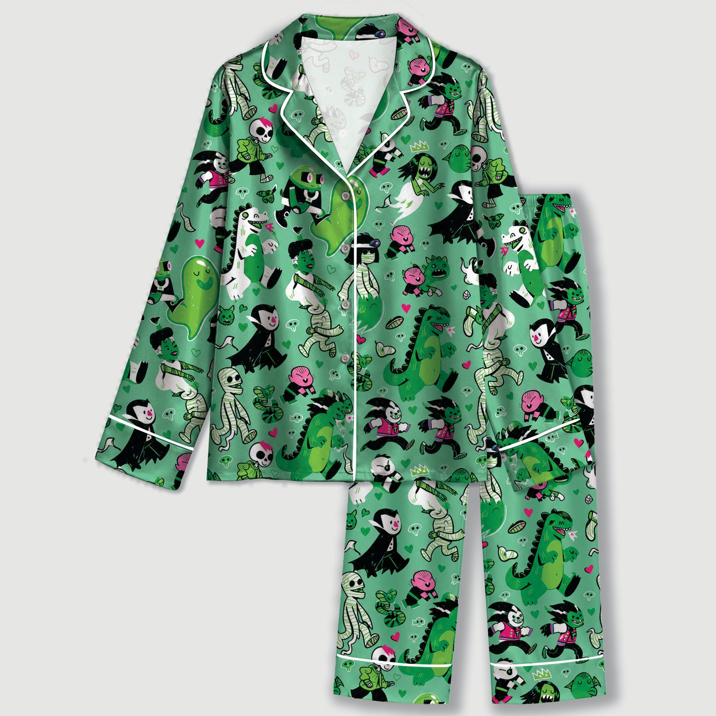 PJ-729-Halloween Duo Satin Pajama Set in Two Colorways with Playful Seasonal Prints for Cozy Spooky Nights