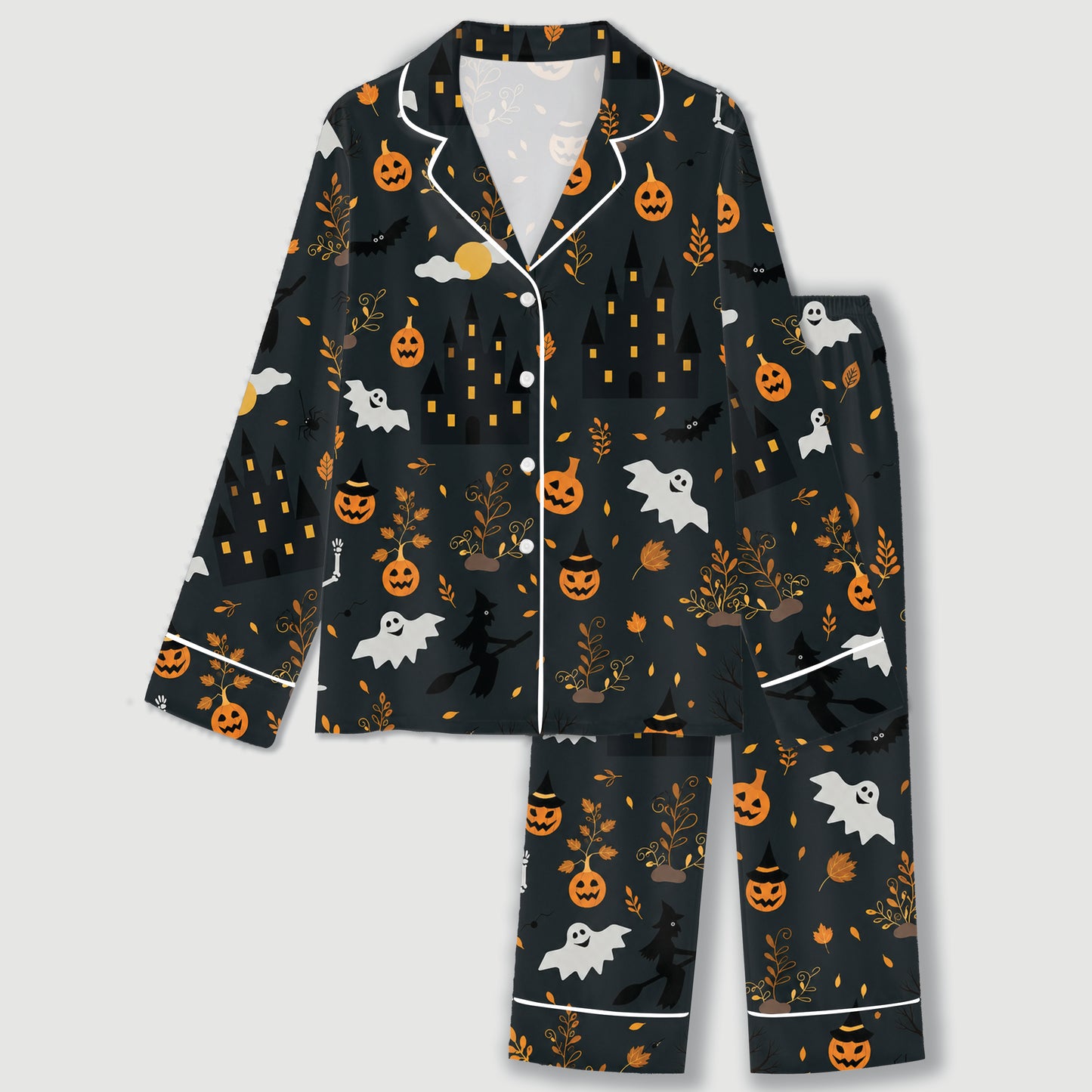 PJ-730-Haunted Harvest Satin Pajama Set with Festive Autumn Halloween Pattern