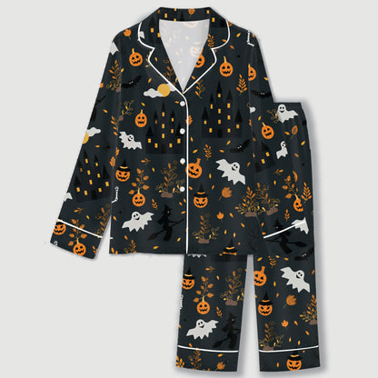PJ-730-Haunted Harvest Satin Pajama Set with Festive Autumn Halloween Pattern
