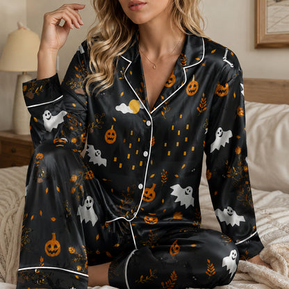 PJ-730-Haunted Harvest Satin Pajama Set with Festive Autumn Halloween Pattern