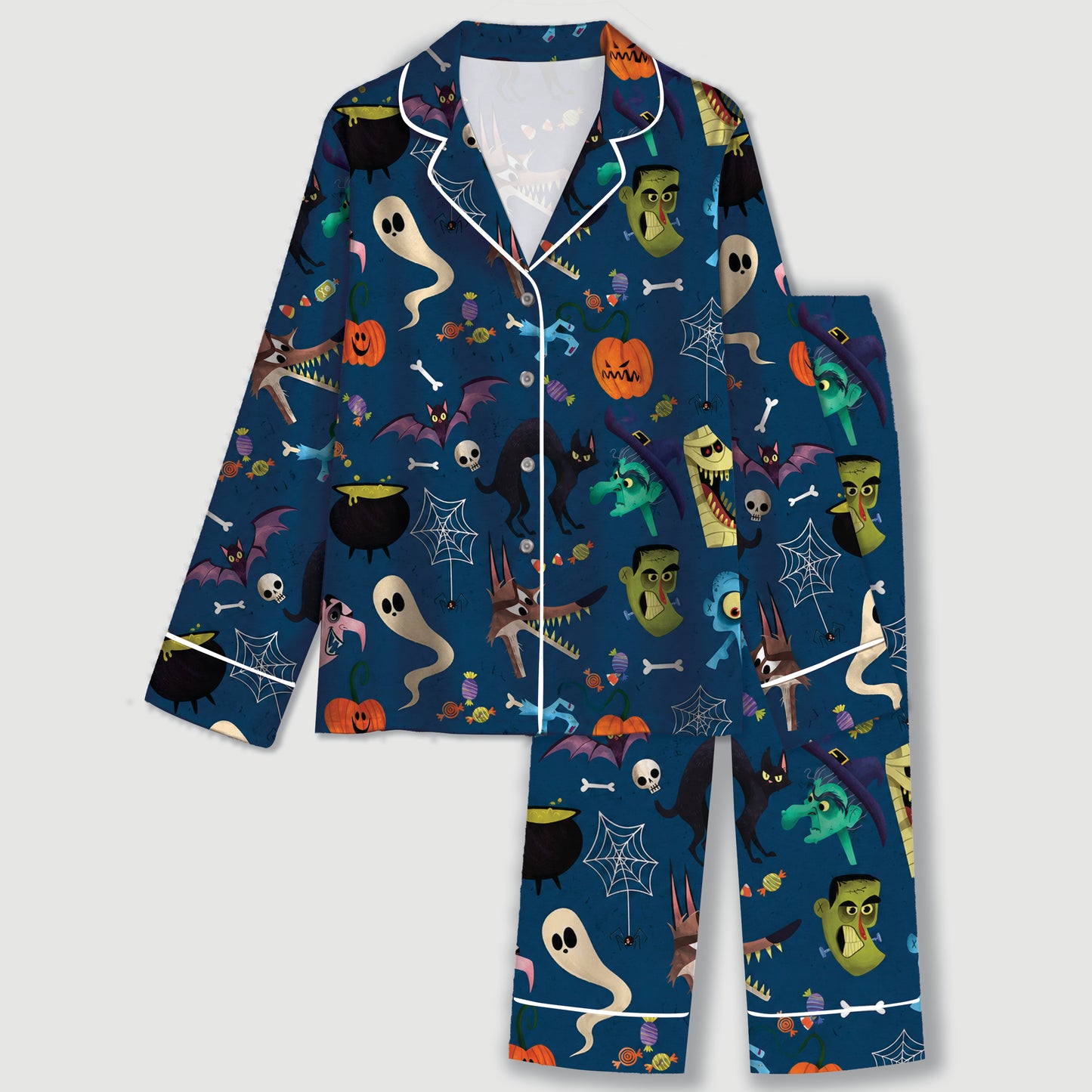 PJ-731-Spooky Season Satin Pajama Set with Whimsical Halloween Print for Cozy Nights