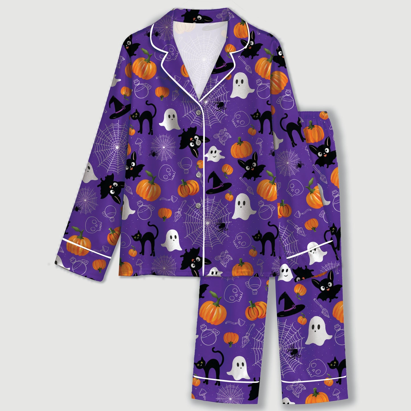PJ-733-Halloween Satin Pajama Set with Enchanted Midnight Pattern for Cozy Sleepwear and Loungewear