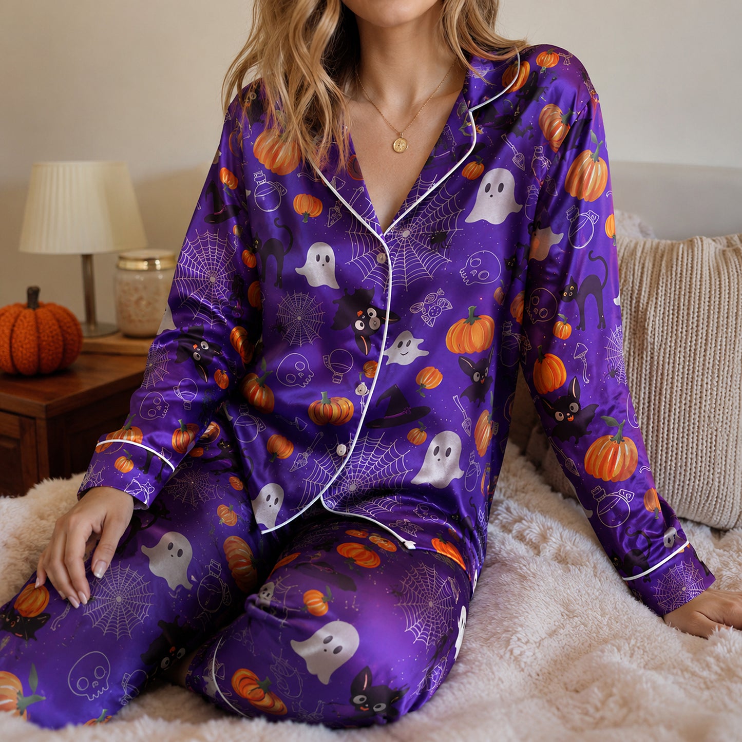 PJ-733-Halloween Satin Pajama Set with Enchanted Midnight Pattern for Cozy Sleepwear and Loungewear