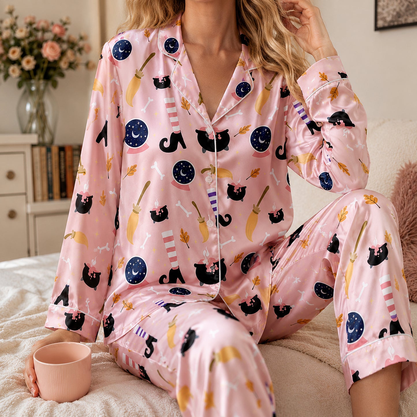 PJ-735-Halloween Celebration Satin Pajama Set with Premium Seasonal Artwork