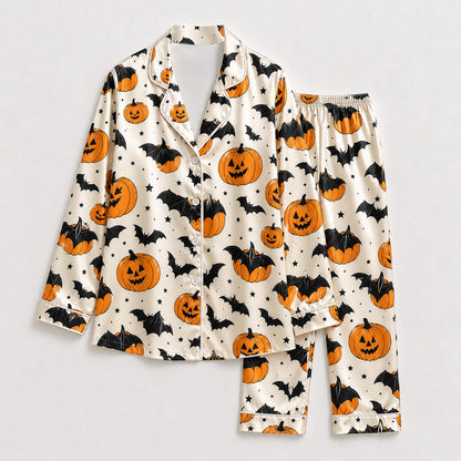 PJ-736-October Moonlight Satin Pajama Set with Cozy Fall Holiday Pattern