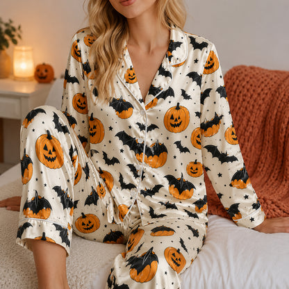 PJ-736-October Moonlight Satin Pajama Set with Cozy Fall Holiday Pattern