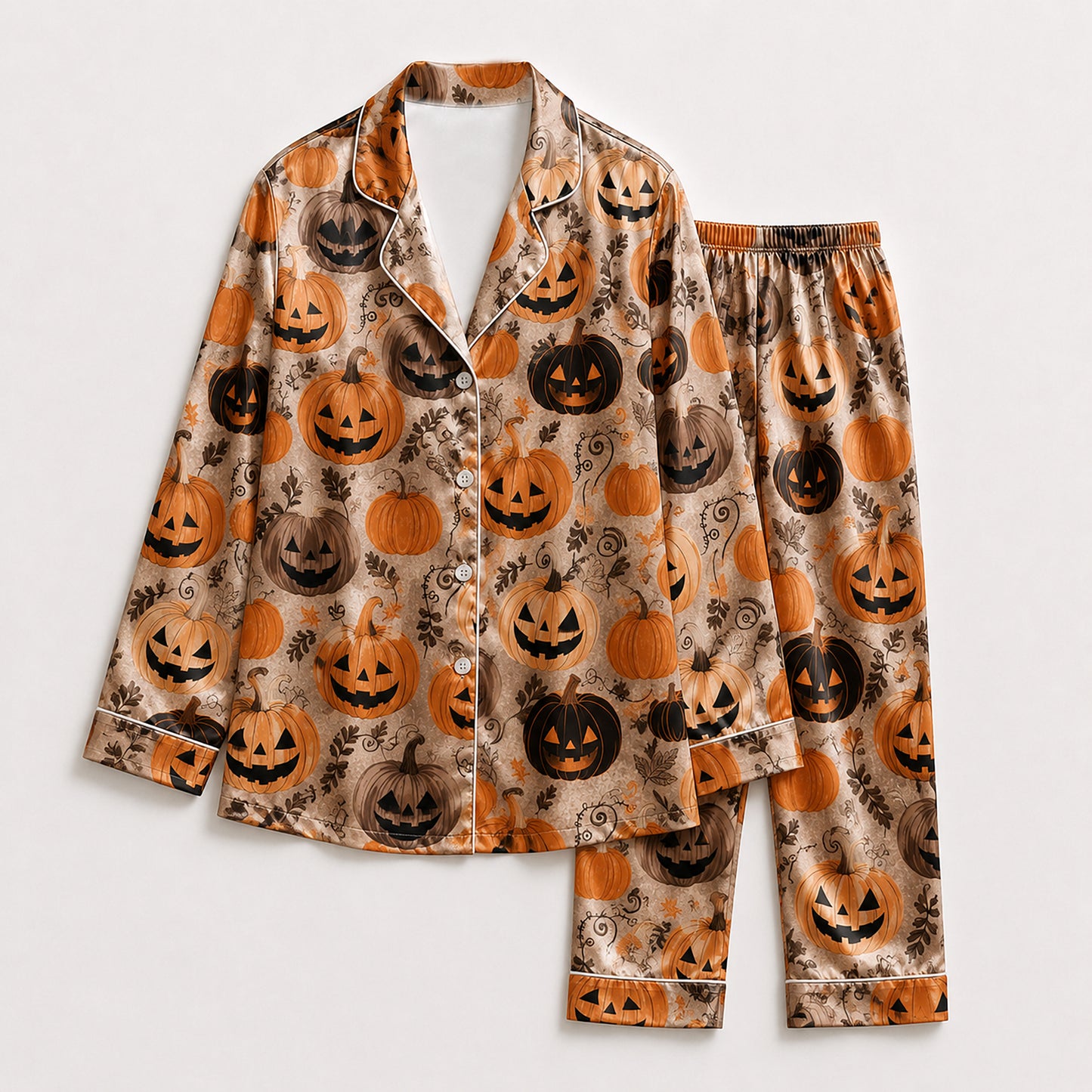 PJ-738-Halloween Satin Pajama Set with Festive Seasonal Print for Cozy Sleepwear and Loungewear