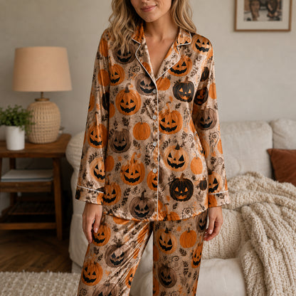 PJ-738-Halloween Satin Pajama Set with Festive Seasonal Print for Cozy Sleepwear and Loungewear
