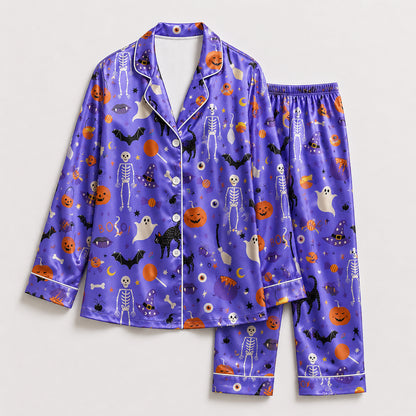 PJ-739-Halloween Satin Pajama Set with Festive Seasonal Print for Cozy Sleepwear and Loungewear
