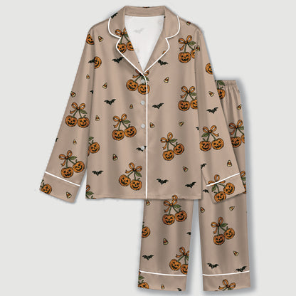 PJ-740-Halloween Satin Pajama Set with Festive Seasonal Print for Cozy Sleepwear and Loungewear