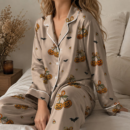 PJ-740-Halloween Satin Pajama Set with Festive Seasonal Print for Cozy Sleepwear and Loungewear