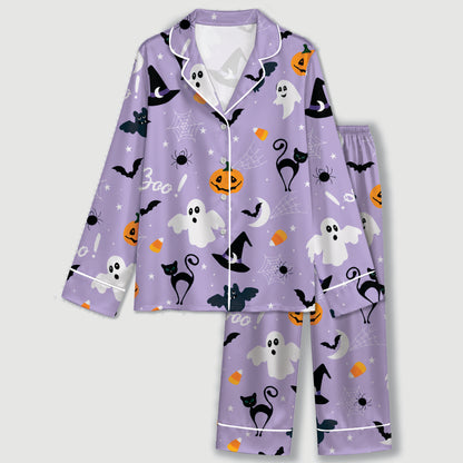 PJ-741-Halloween Satin Pajama Set with Festive Seasonal Print for Cozy Sleepwear and Loungewear