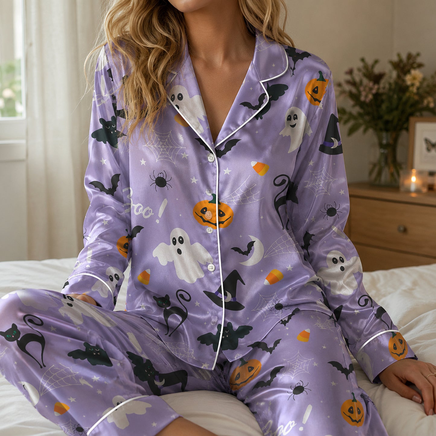 PJ-741-Halloween Satin Pajama Set with Festive Seasonal Print for Cozy Sleepwear and Loungewear