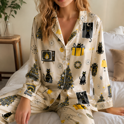 PJ-CM144-Black Cat Christmas Satin Pajama Set with Holiday Trees Gifts Stars and Elegant Winter Pattern for Cozy Sleepwear