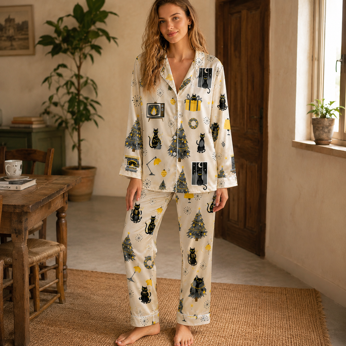 PJ-CM144-Black Cat Christmas Satin Pajama Set with Holiday Trees Gifts Stars and Elegant Winter Pattern for Cozy Sleepwear
