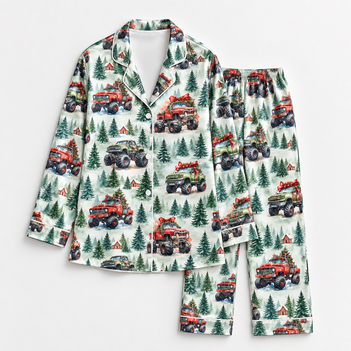 PJ-CM194-Christmas Monster Truck Satin Pajama Set with Festive Trucks Pine Trees Gifts and Winter Forest Pattern for Cozy Sleepwear