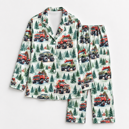 PJ-CM194-Christmas Monster Truck Satin Pajama Set with Festive Trucks Pine Trees Gifts and Winter Forest Pattern for Cozy Sleepwear