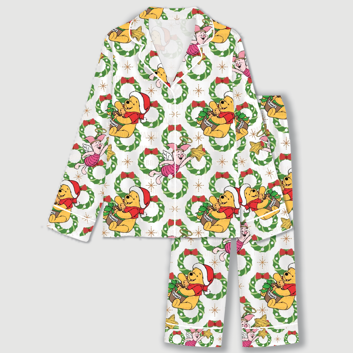 PJ-CM212-"Winnie the Pooh and Piglet Christmas Satin Pajama Set with Santa Hats Holiday Wreaths and Festive Disney Character Pattern "