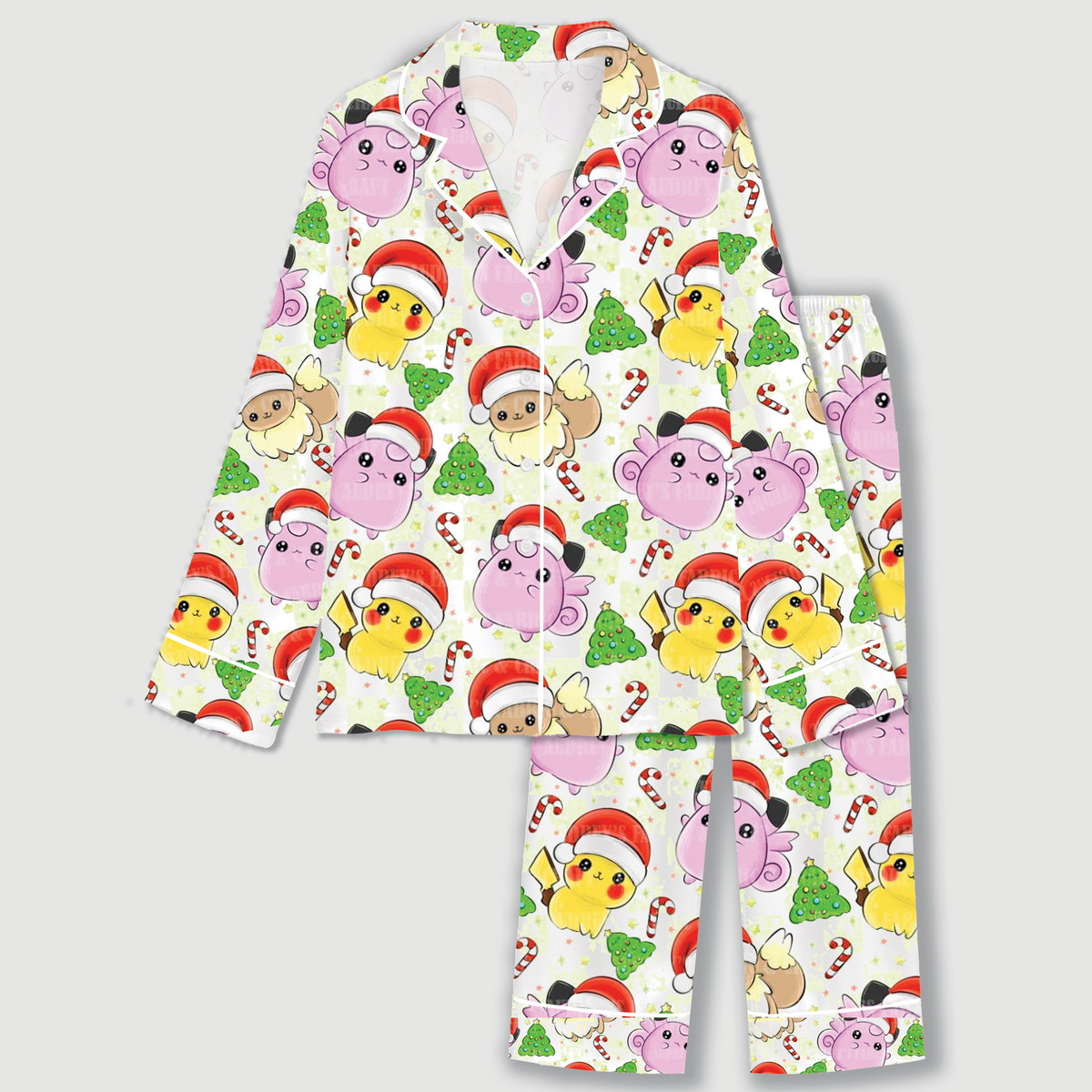 PJ-CM214-Pokémon Christmas Satin Pajama Set with Pikachu Jigglypuff Eevee Candy Canes and Festive Holiday Character Pattern for Cozy Sleepwear