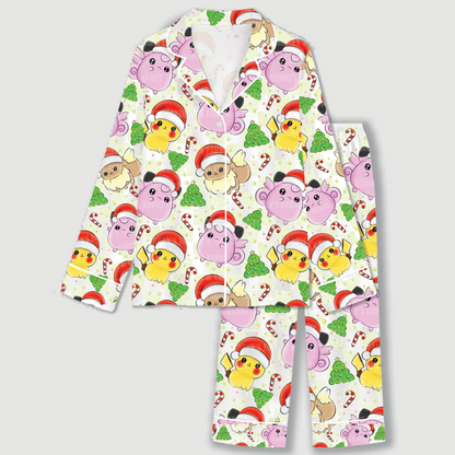 PJ-CM214-Pokémon Christmas Satin Pajama Set with Pikachu Jigglypuff Eevee Candy Canes and Festive Holiday Character Pattern for Cozy Sleepwear