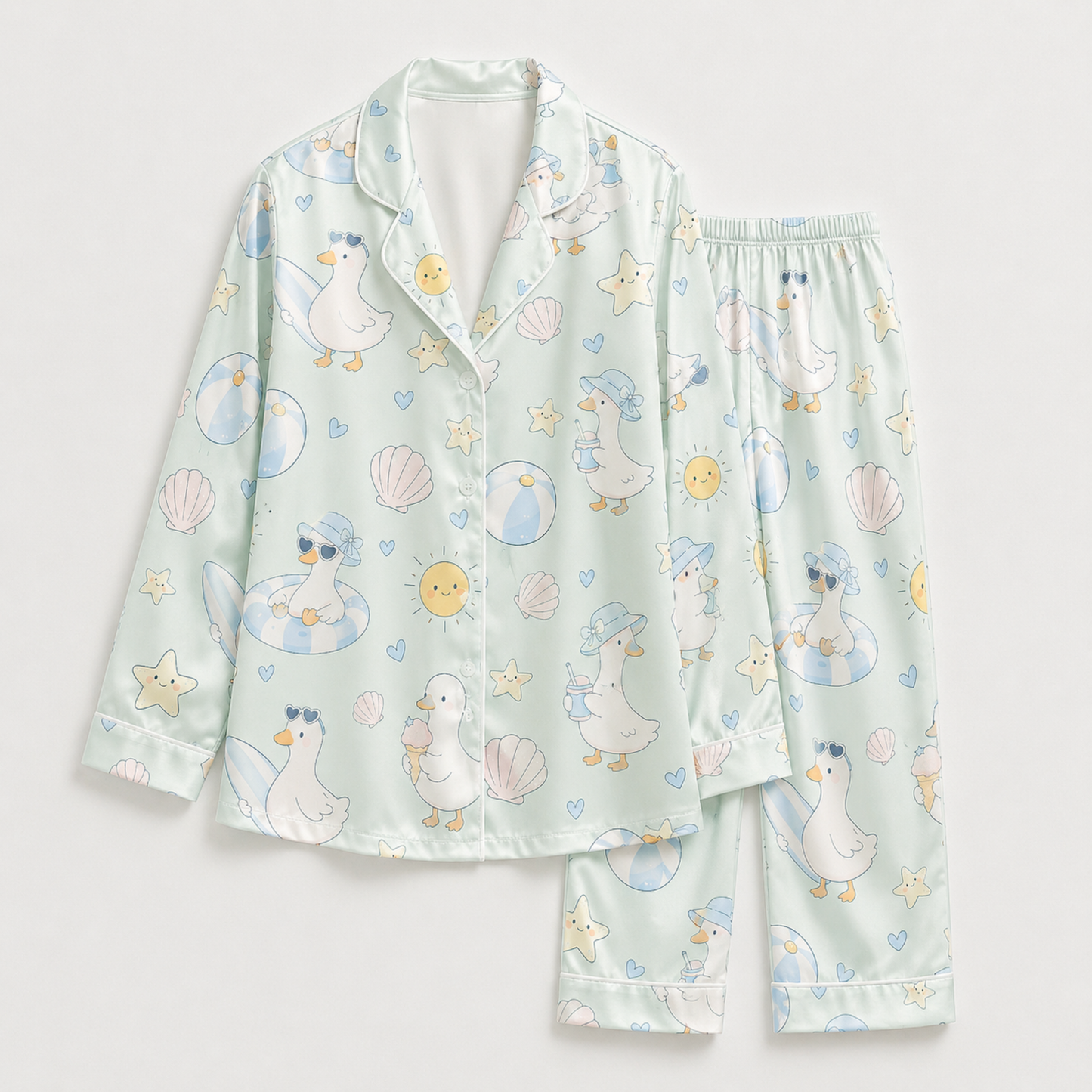PJ-M002-Whimsical Summer Beach Duck Motif Mint Green Silky Satin Pajama Sleepwear And Lounge Set